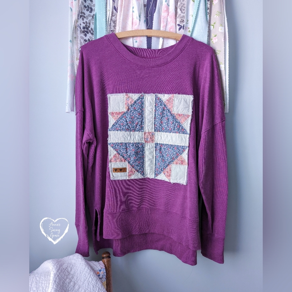 Vintage Quilt Block Sweatshirt Women's Large (L)   Upcycled Repurposed